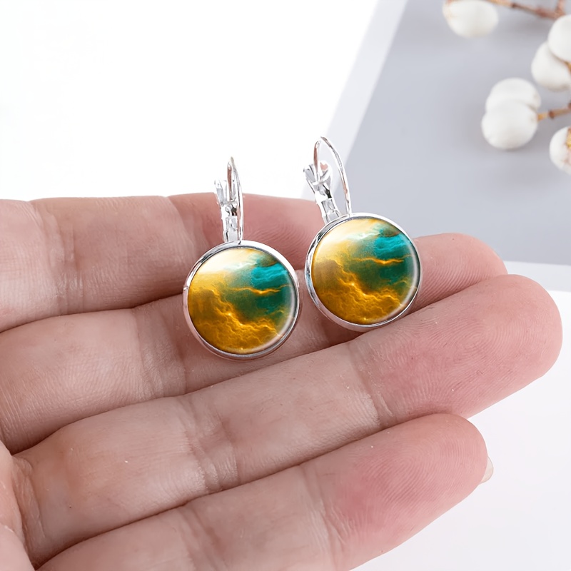 2pc Round Glass Inlaid Base Earrings Set, Multicolor Design